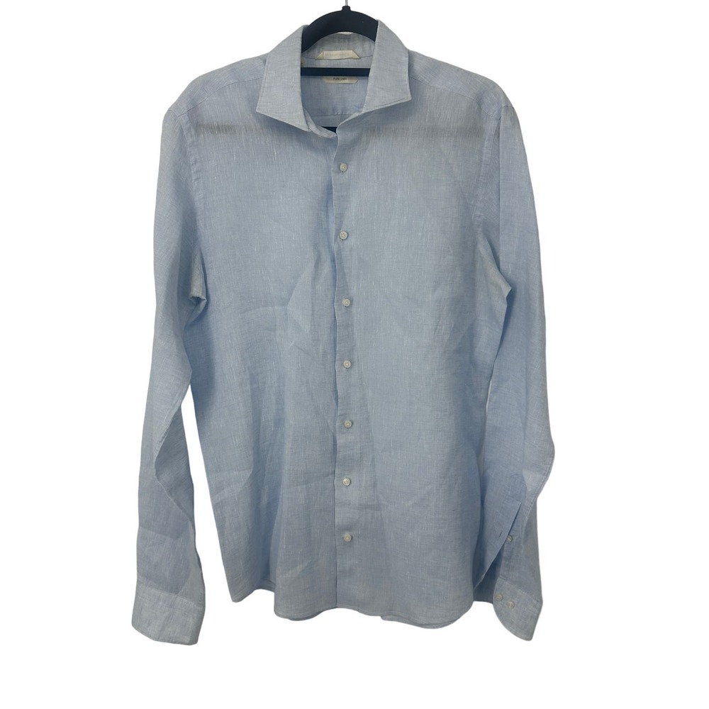 COPY - Suitsupply linen shirt men’s size 41/42-16/16.5 button up blue long slee…